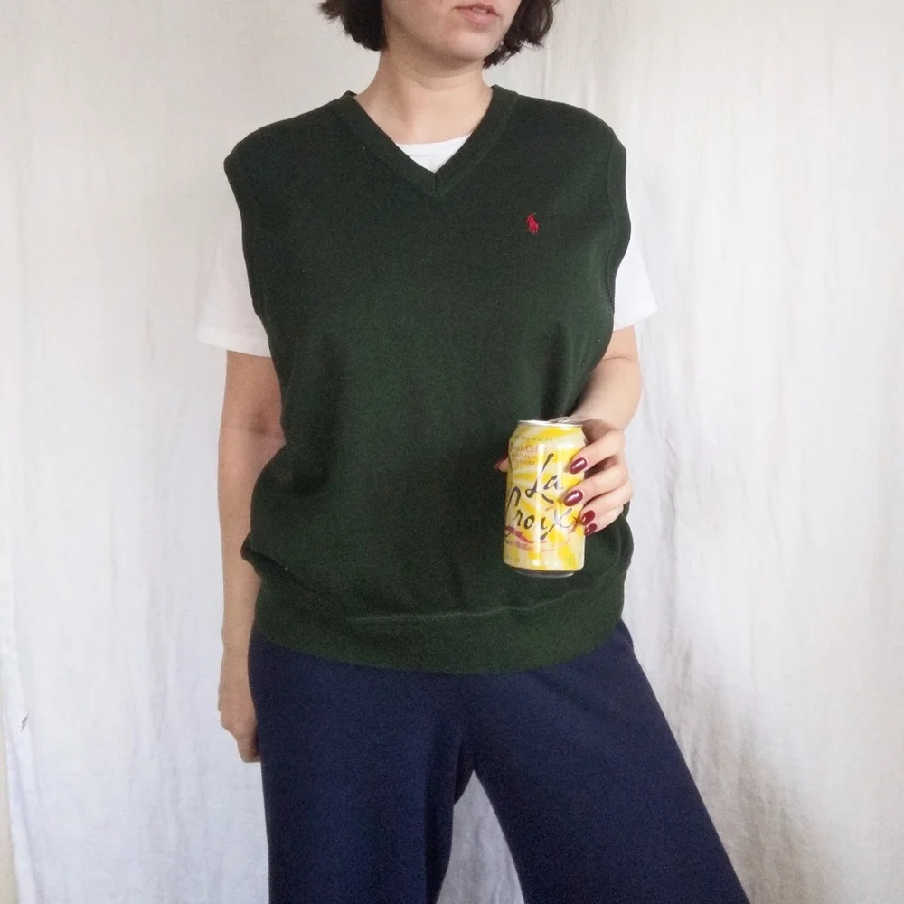 Vtg POLO RALPH LAUREN Forest Green Knit V Neck Sweater Vest Golf Tank XL - Picture 2 of 5